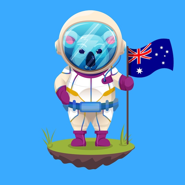 Netter koala im astronautenkostüm, das australische flagge hält, um australischen tag zu feiern