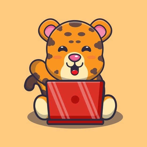 Netter leopard mit laptop nette karikaturtierillustration