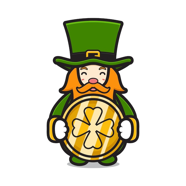 Netter leprechaun saint patrick day charakter, der kleemünzen-cartoon-vektor-symbol-illustration hält