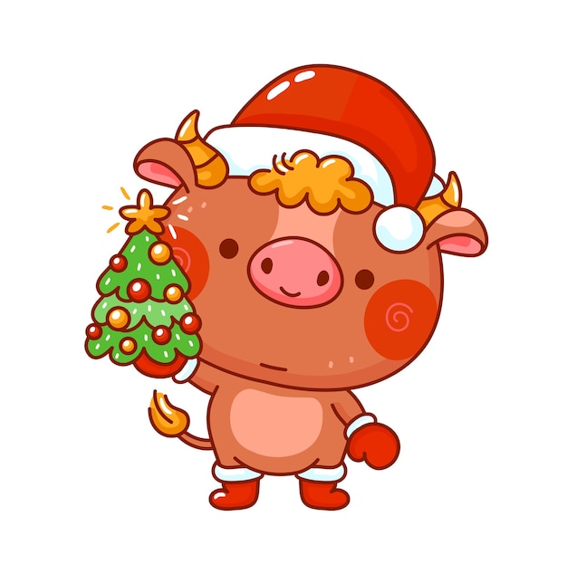 Netter lustiger Neujahrssymbolstier im Weihnachtsmützencharakter mit Baum.