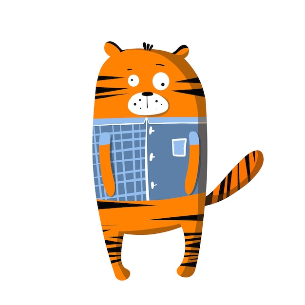 Netter lustiger Tiger in der lustigen Illustration der T-Shirt Vektorclipartkinder mit Zeichentrickfigur