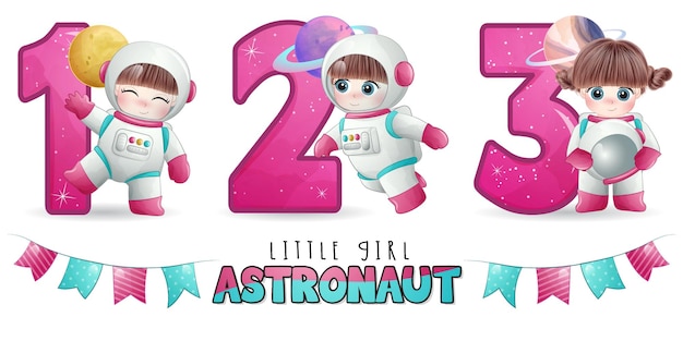 Netter Mädchen-Astronaut mit Nummerierungs-Illustrationsset