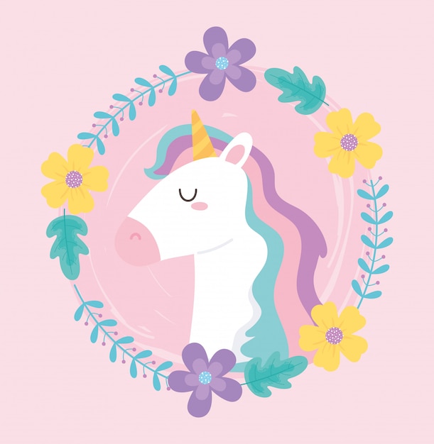 Netter magischer einhornkranz der blumenblumendekorationstierkarikatur-vektorillustration