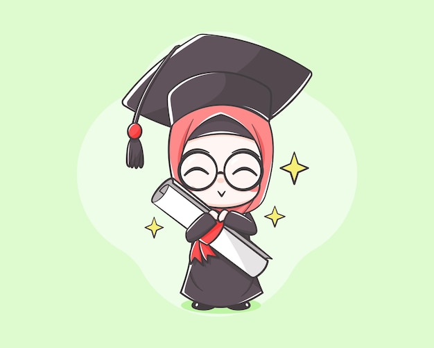 Netter muslimah-student an der karikaturillustration des abschlusstages