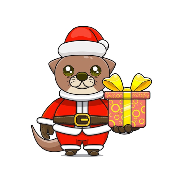 Netter otter, der weihnachtsgeschenkkarikaturtier im sankt-kostüm gibt
