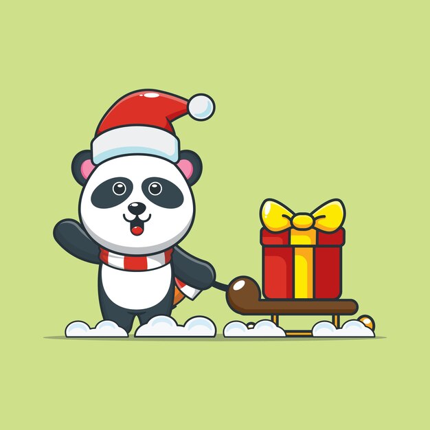 Netter panda am weihnachtstag, der geschenk trägt nette weihnachtskarikaturillustration