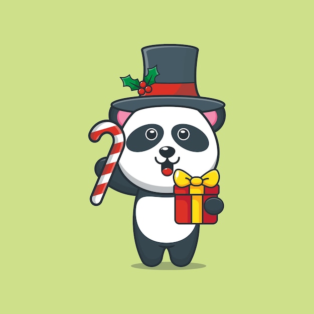 Netter panda am weihnachtstag, der weihnachtsgeschenk und süßigkeit hält nette weihnachtskarikaturillustration