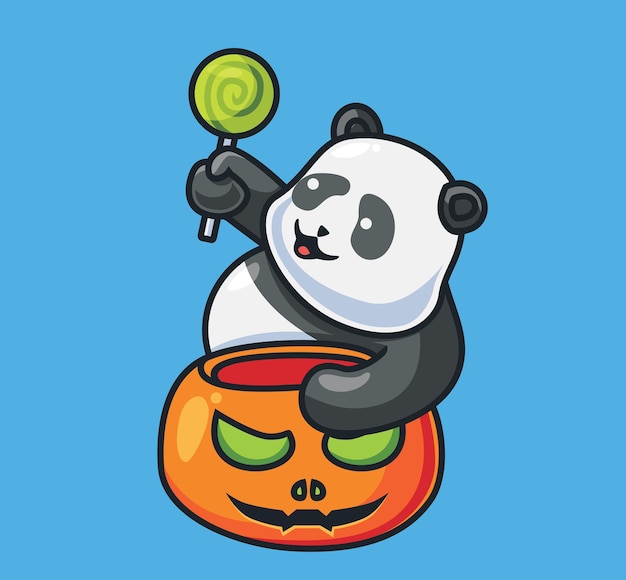 Vektor netter panda bekommt eine süßigkeit isolierte cartoon-tier-halloween-illustration flat style geeignet für