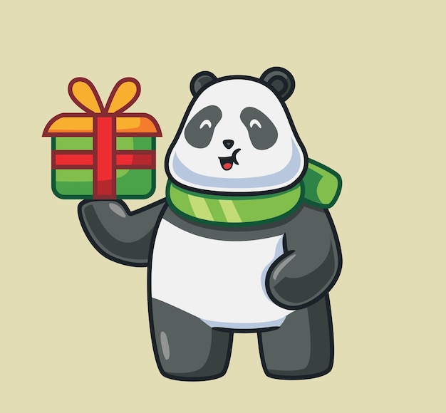 Netter panda bringt ein geschenk isolierte cartoon-tier-weihnachtsillustration flat style