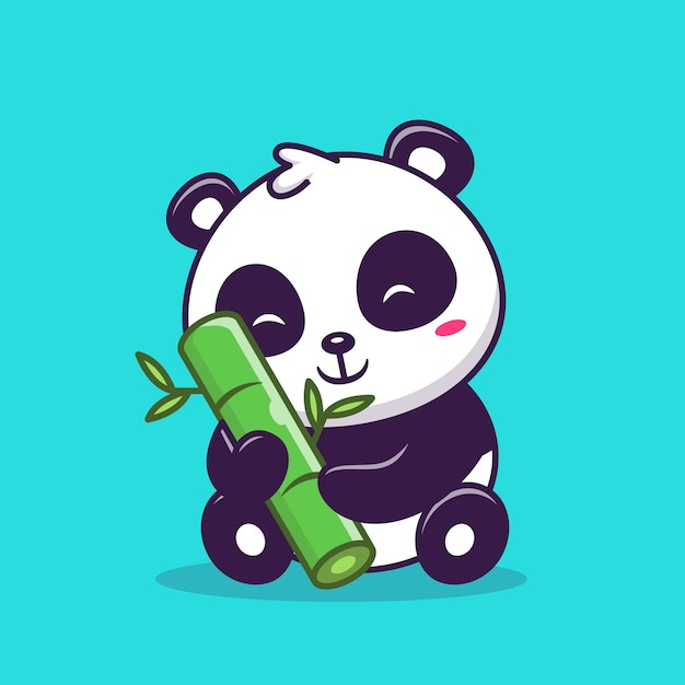 Netter Panda, der Bambus-Symbol-Illustration sitzt und hält. Tierliebesikonenkonzept.