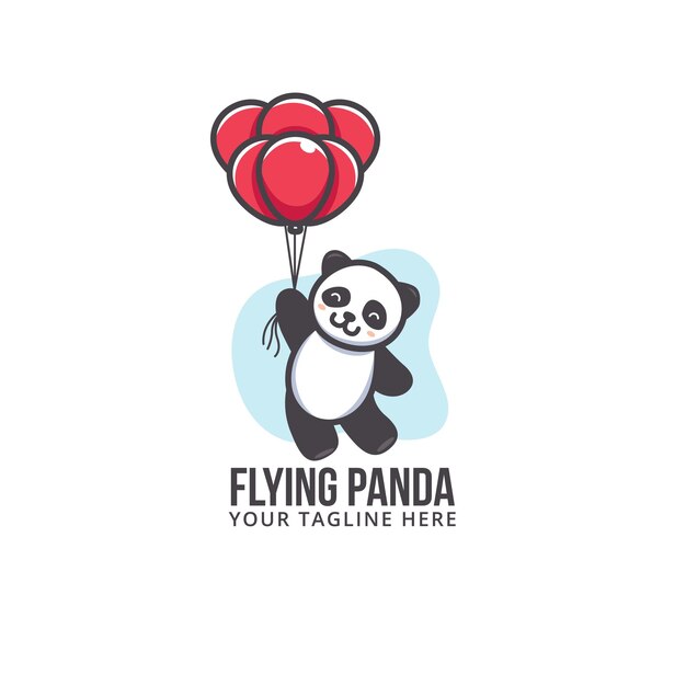 Netter panda, der mit roten luftballons fliegt. cartoon-logo