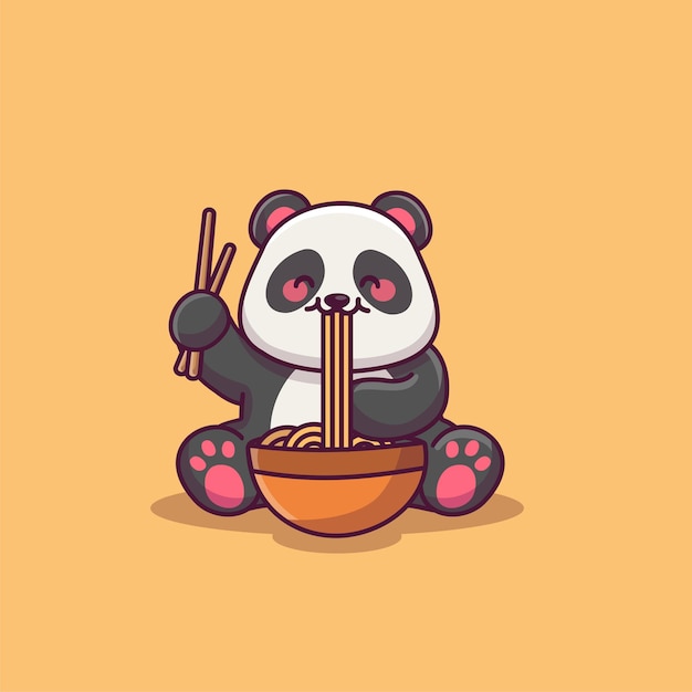 Netter panda, der ramen-nudelkarikatur isst