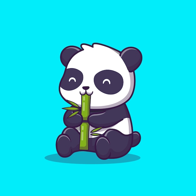 Netter panda essen bambus-karikatur-symbol-illustration. tierikon-konzept isoliert. flacher cartoon-stil