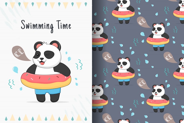 Netter Panda mit nahtlosem Muster und Karte des Gummidonuts