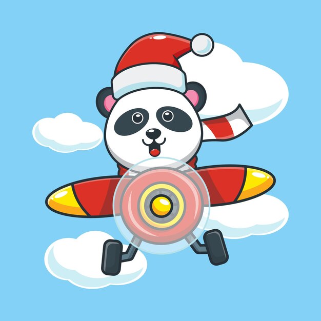 Netter panda mit weihnachtsmütze fliegt mit flugzeug am weihnachtstag nette weihnachtskarikaturillustration