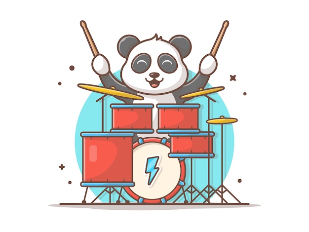 Netter panda playing drum mit stock-musik-vektor-ikonen-illustration. netter schlagzeuger des baby-panda-maskottchens. tier-und musik-ikonen-konzept-weiß lokalisiert