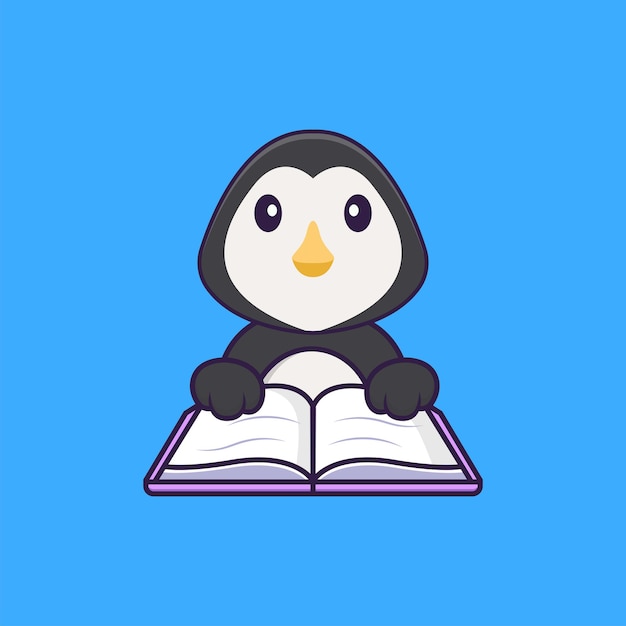 Netter pinguin, der ein buch liest. tierkarikaturkonzept isoliert. flacher cartoon-stil