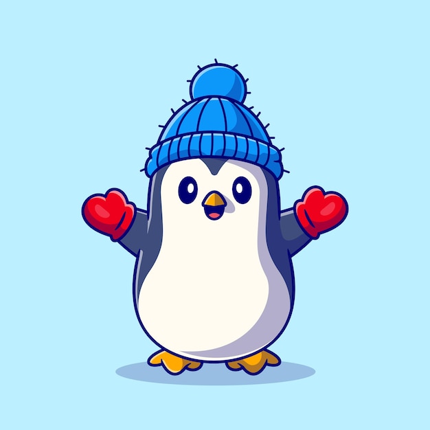 Netter pinguin, der handschuh und hut cartoon icon illustration trägt. tierwinter-symbol-konzept isoliert. flacher cartoon-stil