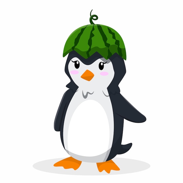 Netter pinguin mit wassermelonen-hut-design-charakter-illustration