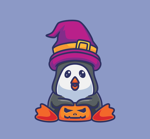 Vektor netter pinguinzauberer mit einem kürbis. isolierte cartoon-tier-halloween-illustration. flacher stil geeignet für sticker icon design premium logo vektor. maskottchen-charakter