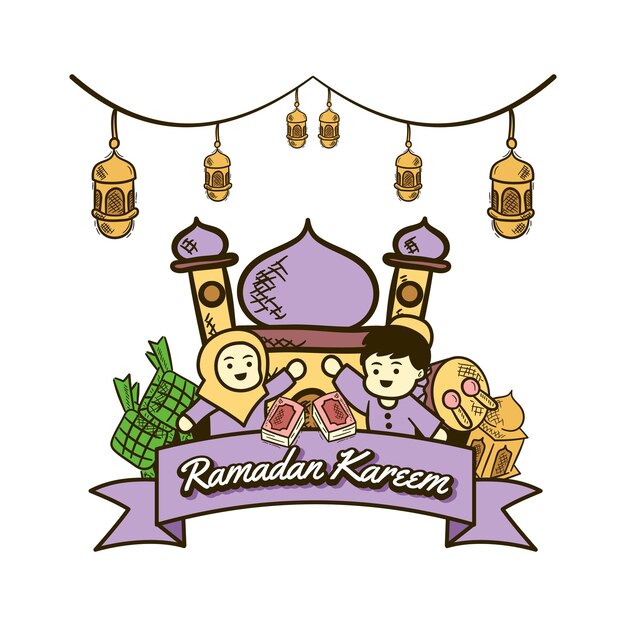 Netter ramadan kareem hintergrund mit moschee moslemischer kinderlaterne etc