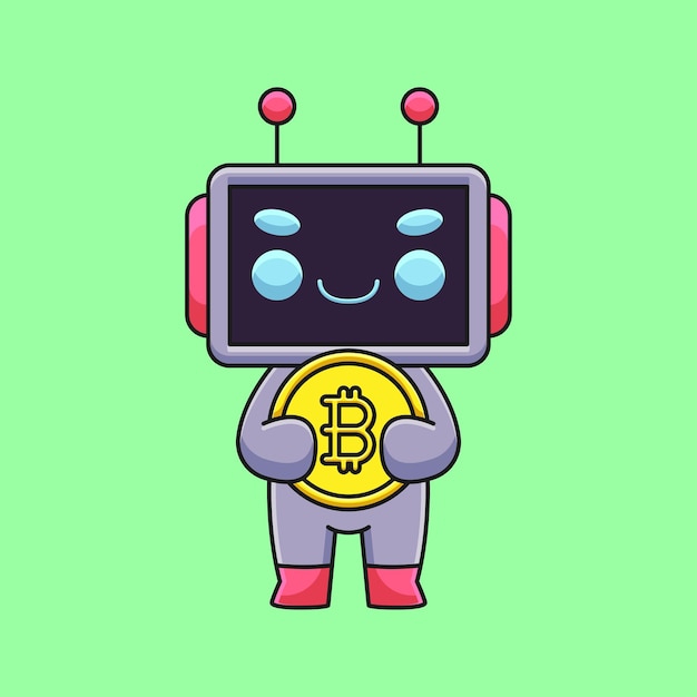 Netter Roboter, der Bitcoin-Karikatur-Maskottchen-Gekritzel-Kunsthand gezeichnete Entwurfskonzept-Vektorkawaii-Ikonenillustration hält