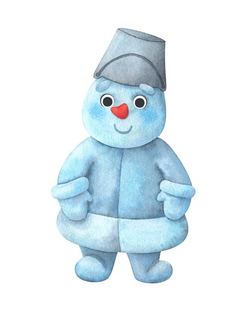 Netter Schneemann mit einem Eimer auf dem Kopf. Kinderaquarellillustration. Wintercharakter aus Schnee.