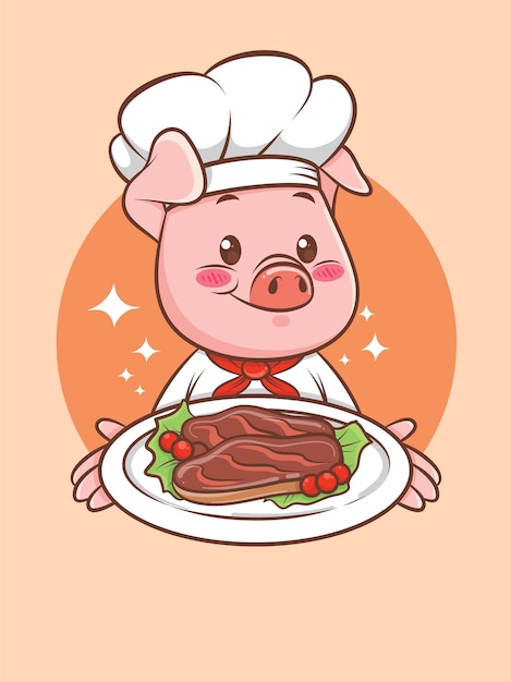 Netter Schweinekoch, der ein Grillschweinesteak präsentiert. Zeichentrickfigur und Maskottchenillustration.