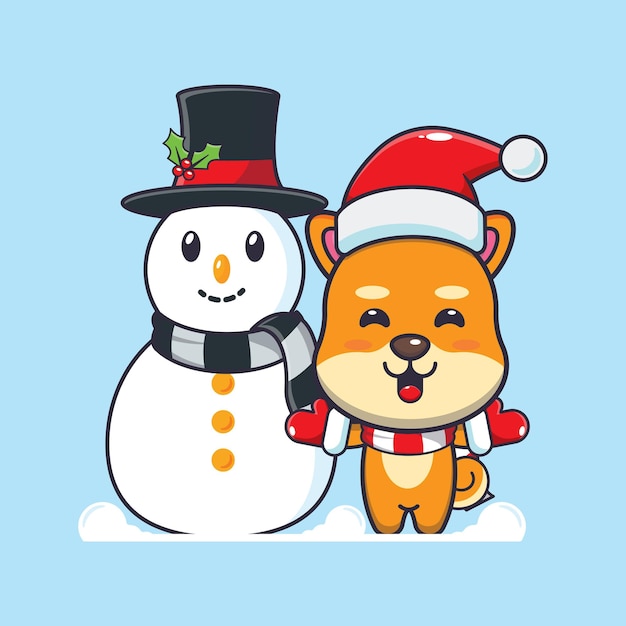 Netter Shiba-Inu-Hund, der mit Schneemann spielt. Nette Weihnachtskarikaturillustration.