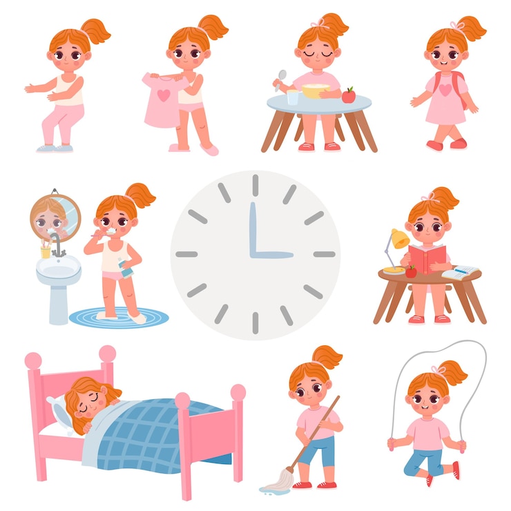 Vektor netter tagesablaufplan für kleine schulmädchen. cartoon-kinderaktivität, bewegung, kleidung, zähneputzen und hausarbeit. tägliche vektorgrafik für kinder