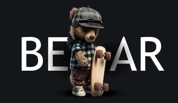 Netter Teddybär, gekleidet in ein kariertes, weites Hemd. Lustige, charmante Illustration eines Teddybären auf schwarzem Hintergrund. Drucken Sie für Ihre Kleidung oder Postkarten. Vektor-Illustration