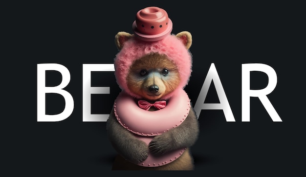 Netter teddybär mit großem rosa donut lustige bezaubernde illustration eines teddybären