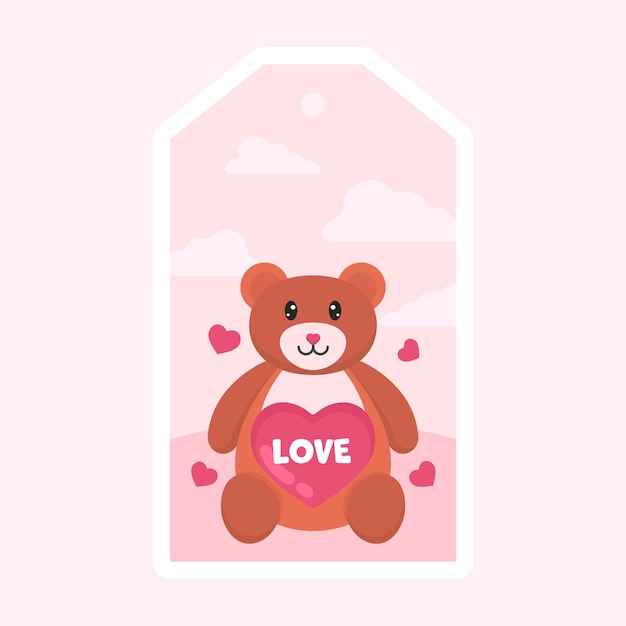 Netter Teddybär mit Liebestext und -herzen auf rosa Wolken-Pentagon-Hintergrund für Liebes-Umbau-Aufkleber-Design