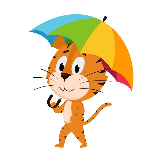 Netter tiger-cartoon geht unter seinem bunten regenschirm auf weißem hintergrund