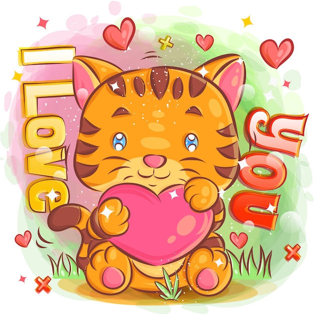 Vektor netter tiger, der in liebe mit griff eine herd-formillustration glaubt