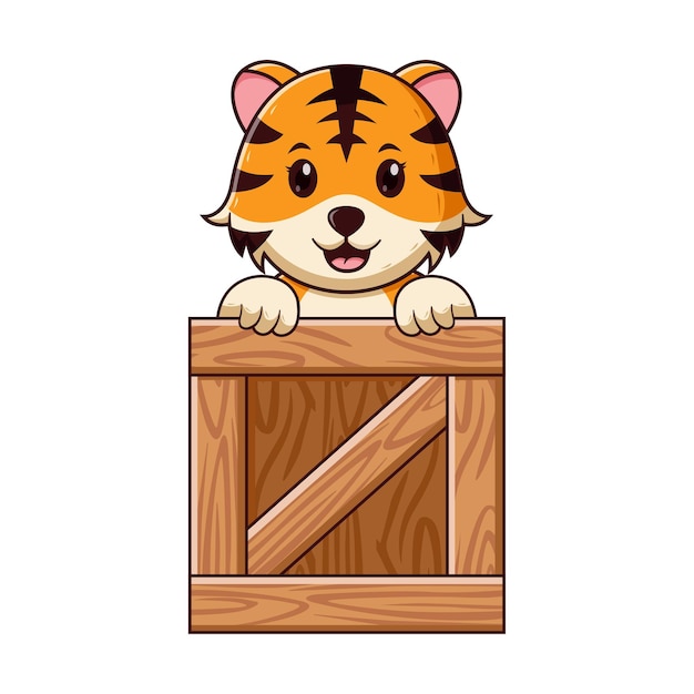 Netter tiger in einer holzkiste cartoon. tier-icon-konzept