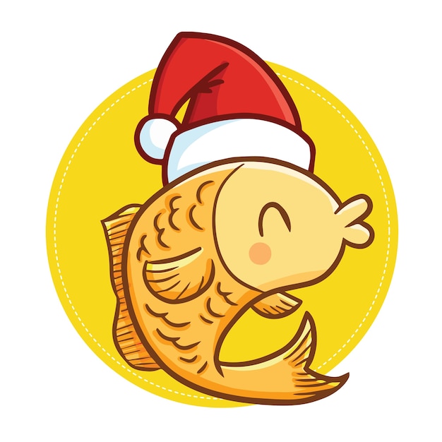 Netter und lustiger kawaii gelber Fisch, der Weihnachtsmannhut für Weihnachten trägt