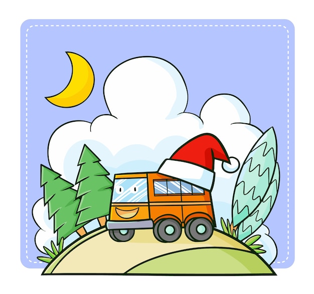 Netter und lustiger kawaii orange bus, der weihnachtsmannhut für weihnachten trägt