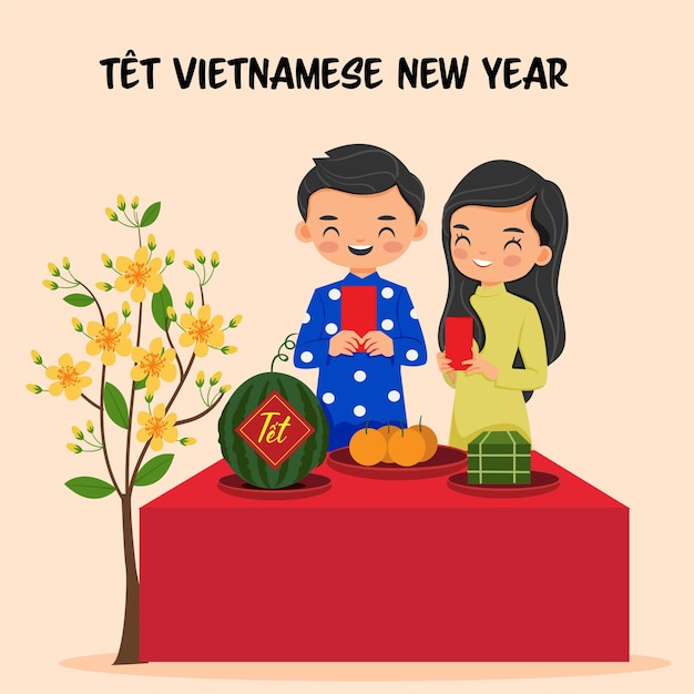 Netter vietnam-jungen- und mädchenkarikatur mit wassermelone und gelb