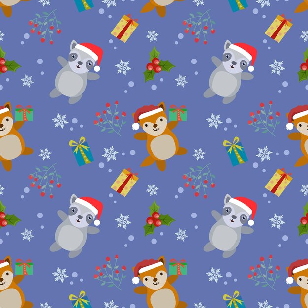 Netter Waschbär und Fuchs auf Weihnachtselementhintergrund.