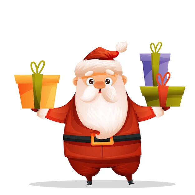 Vektor netter weihnachtsmann, der geschenke in seinen händen hält. fröhlicher weihnachtsmann. neujahrsgrüße.