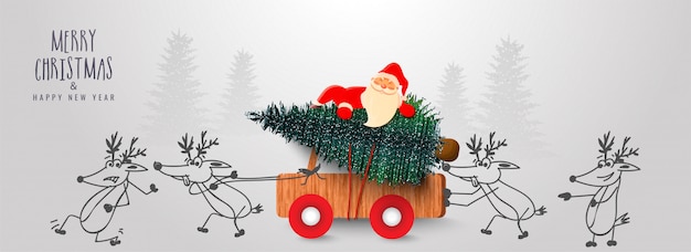 Netter Weihnachtsmann, der Weihnachtsbaum auf dem hölzernen Kleintransporter drückt durch Karikaturren anlässlich der Feier der frohen Weihnachten u. Des guten Rutsch ins Neue Jahr trägt.