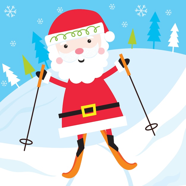 Netter weihnachtsmann fährt ski auf einem schneefall, illustration