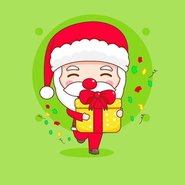 Netter Weihnachtsmann mit Geschenkbox-Chibi-Cartoon-Figur