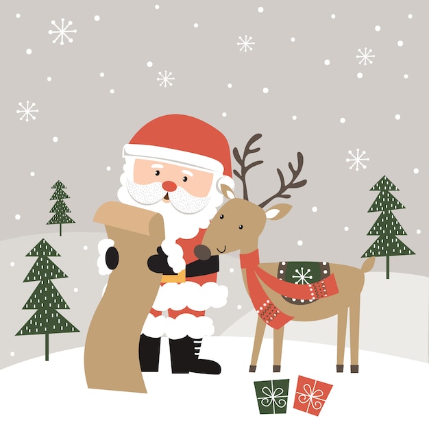 Netter Weihnachtsmann und Rentier, die Weihnachtsgeschenkliste, Illustration lesen