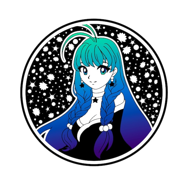 Vektor nettes anime -mädchen mit langen blauen haaren und großen augen