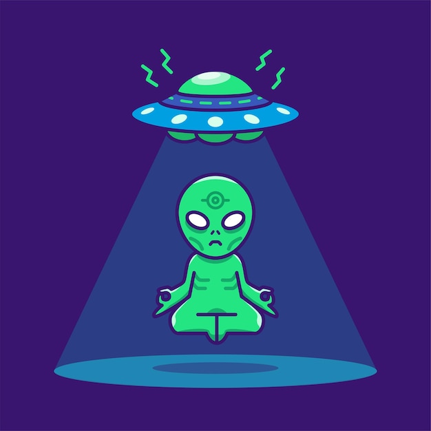 Vektor nettes außerirdisches schweben und meditation unter der karikaturillustration des ufo-raumfahrzeugkonzepts