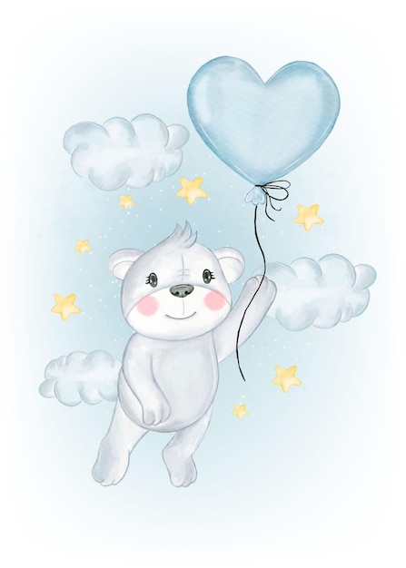 Nettes baby-koala-fliegen mit ballon-aquarell