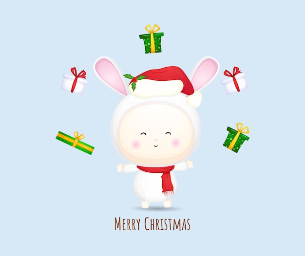 Nettes baby-sankt-kostüm mit geschenk für frohe weihnachten-illustrationssatz premium-vektor