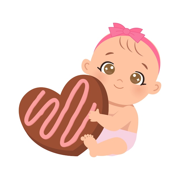 Nettes babymädchen mit valentinsschokolade. flaches vektor-cartoon-design